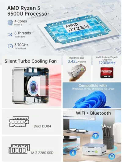 Mini PC barebone Ryzen 5 3500U triple affichage – image 2
